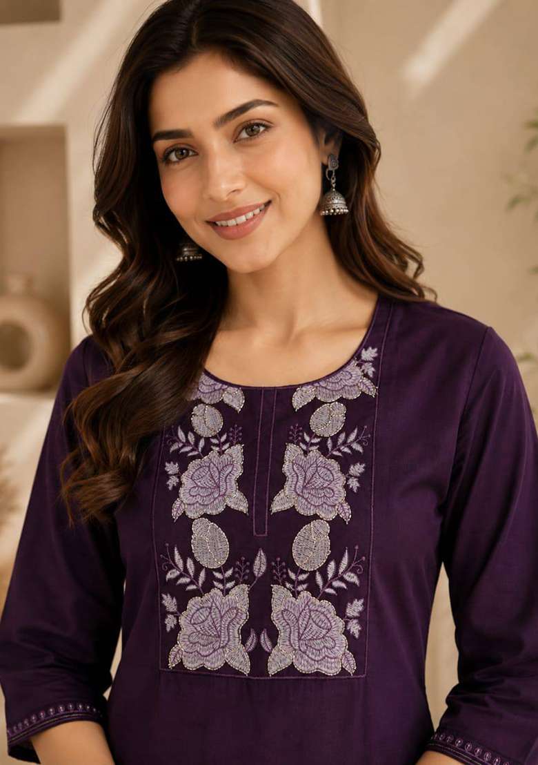 Wine Embroidery Cotton Kurta Set - Indya
