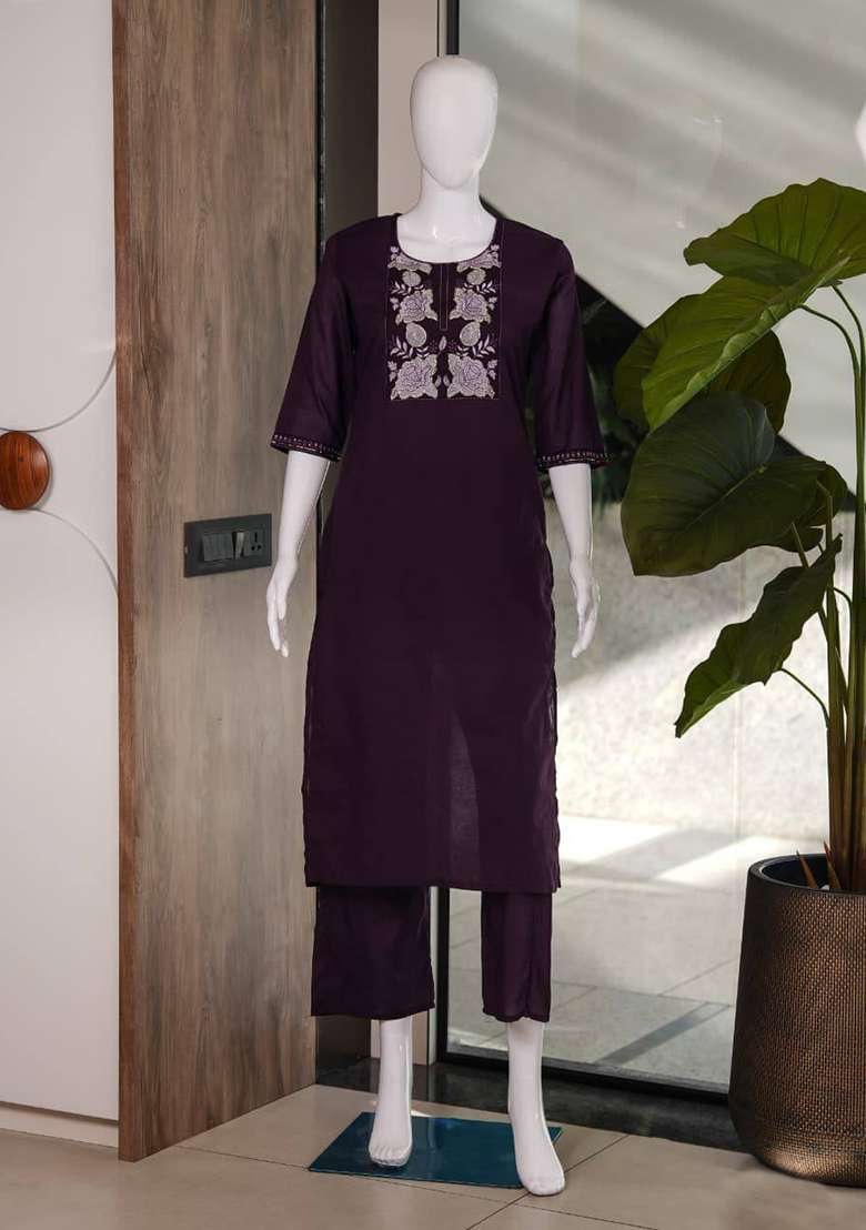 Wine Embroidery Cotton Kurta Set - Indya