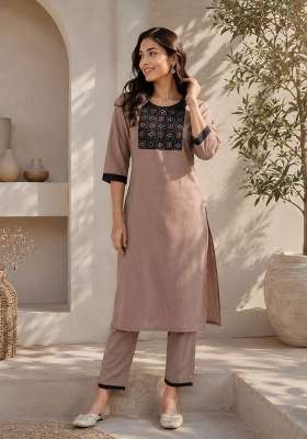 Brown Embroidery Cotton Kurta Set