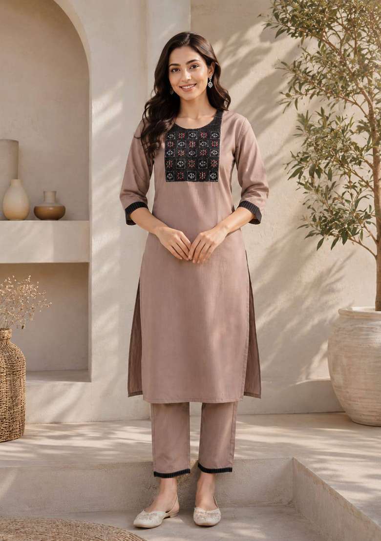 Brown Embroidery Cotton Kurta Set - Indya