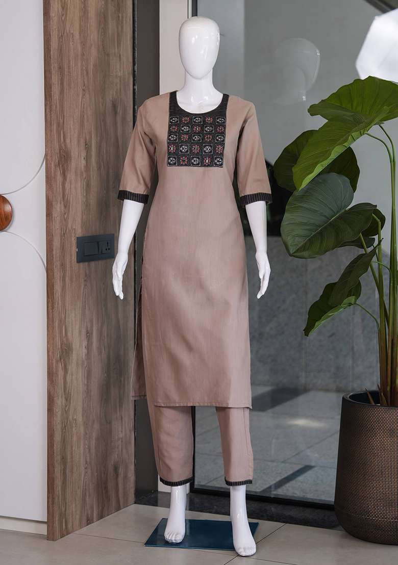 Brown Embroidery Cotton Kurta Set - Indya