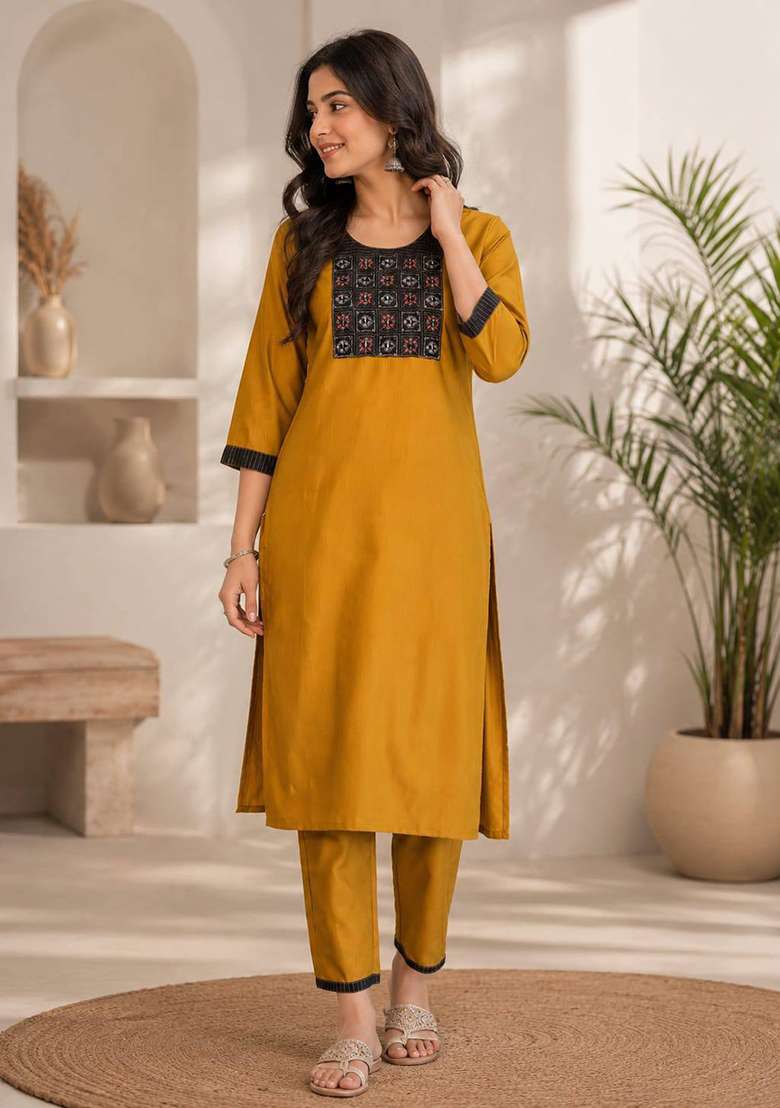 Mustard Embroidery Cotton Kurta Set - Indya