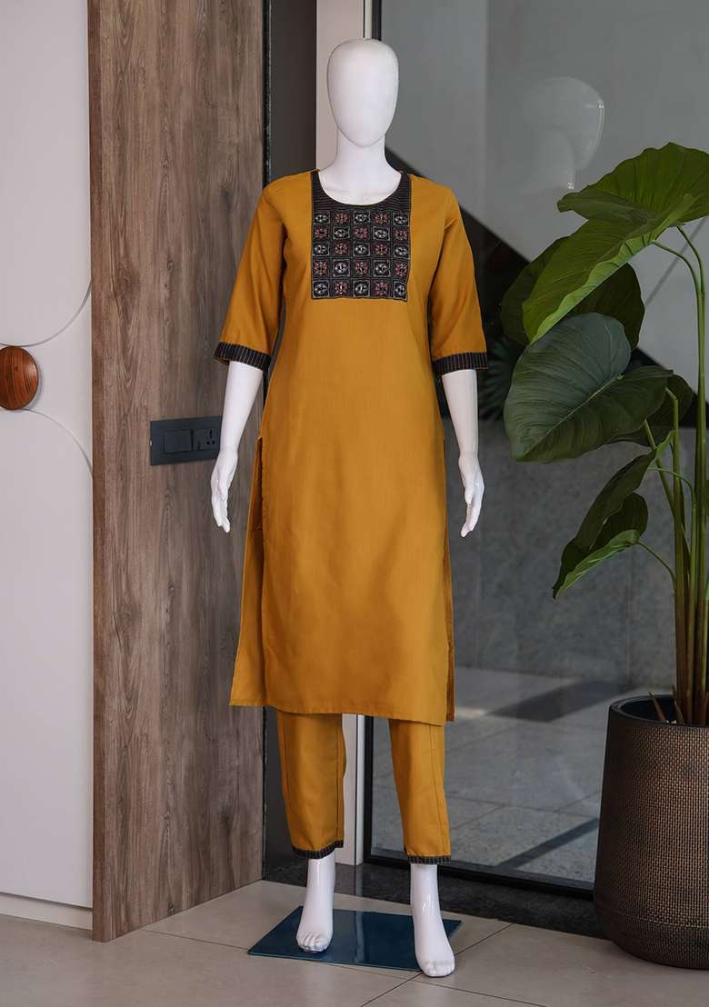 Mustard Embroidery Cotton Kurta Set - Indya