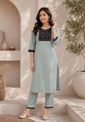 Sky Blue Embroidery Cotton Kurta Set