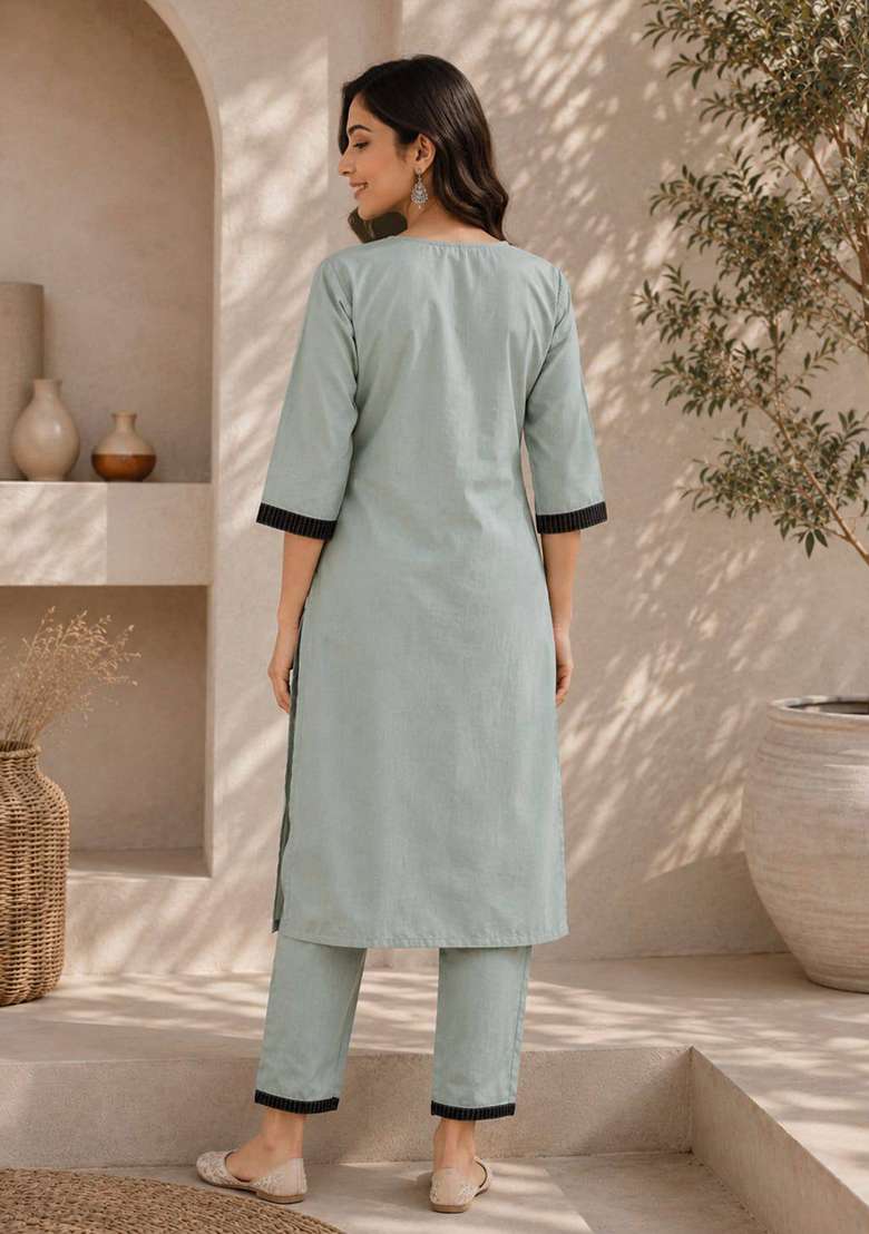 Sky Blue Embroidery Cotton Kurta Set - Indya
