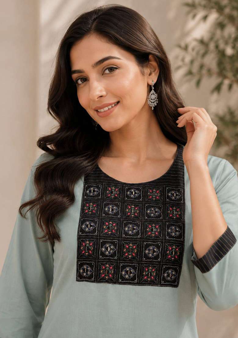 Sky Blue Embroidery Cotton Kurta Set - Indya