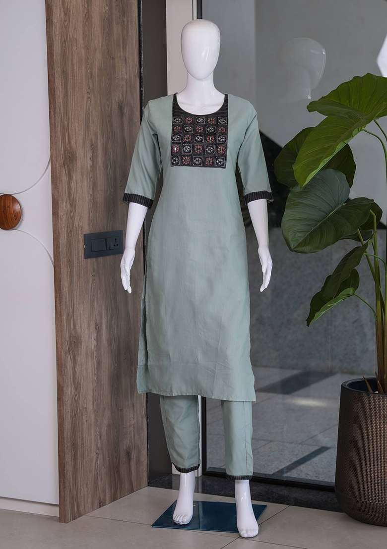 Sky Blue Embroidery Cotton Kurta Set - Indya