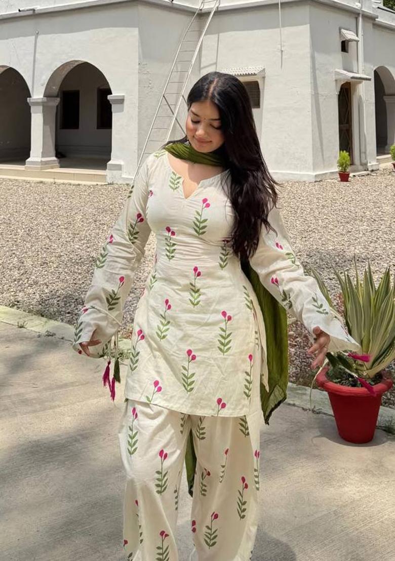 Off White Embroidered Silk Farshi Salwar Set - Indya