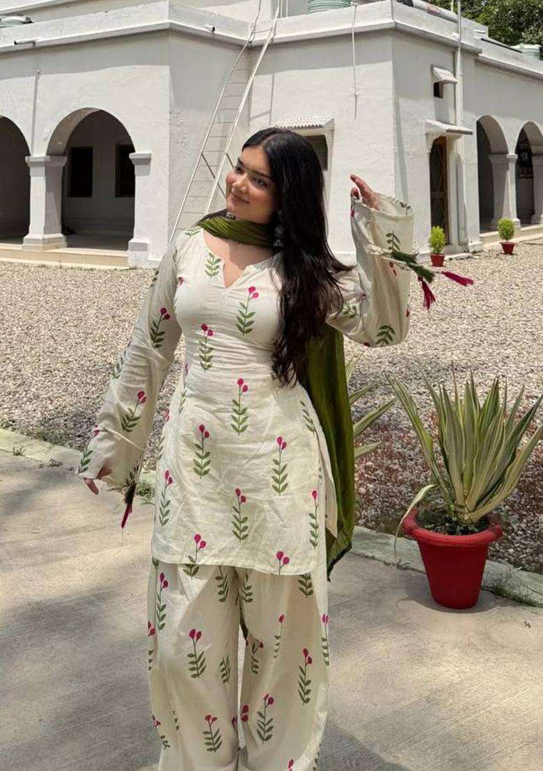 Off White Embroidered Silk Farshi Salwar Set - Indya