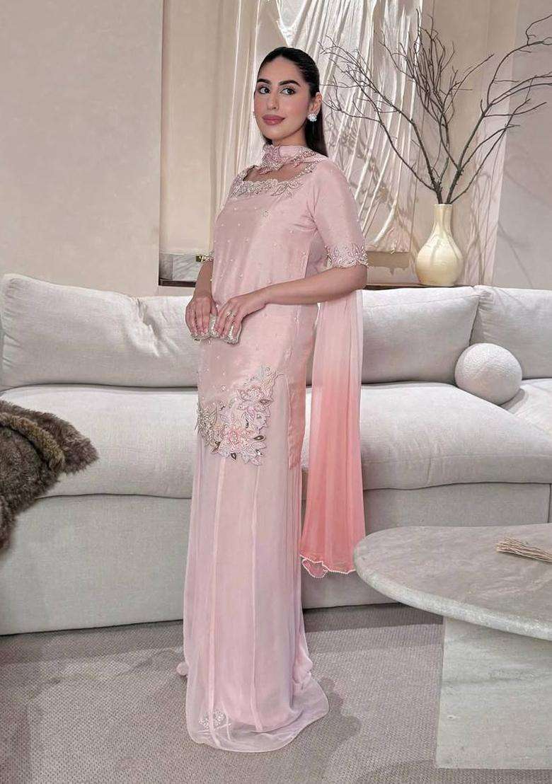 Peach Embroidered Silk Palazzo Set - Indya
