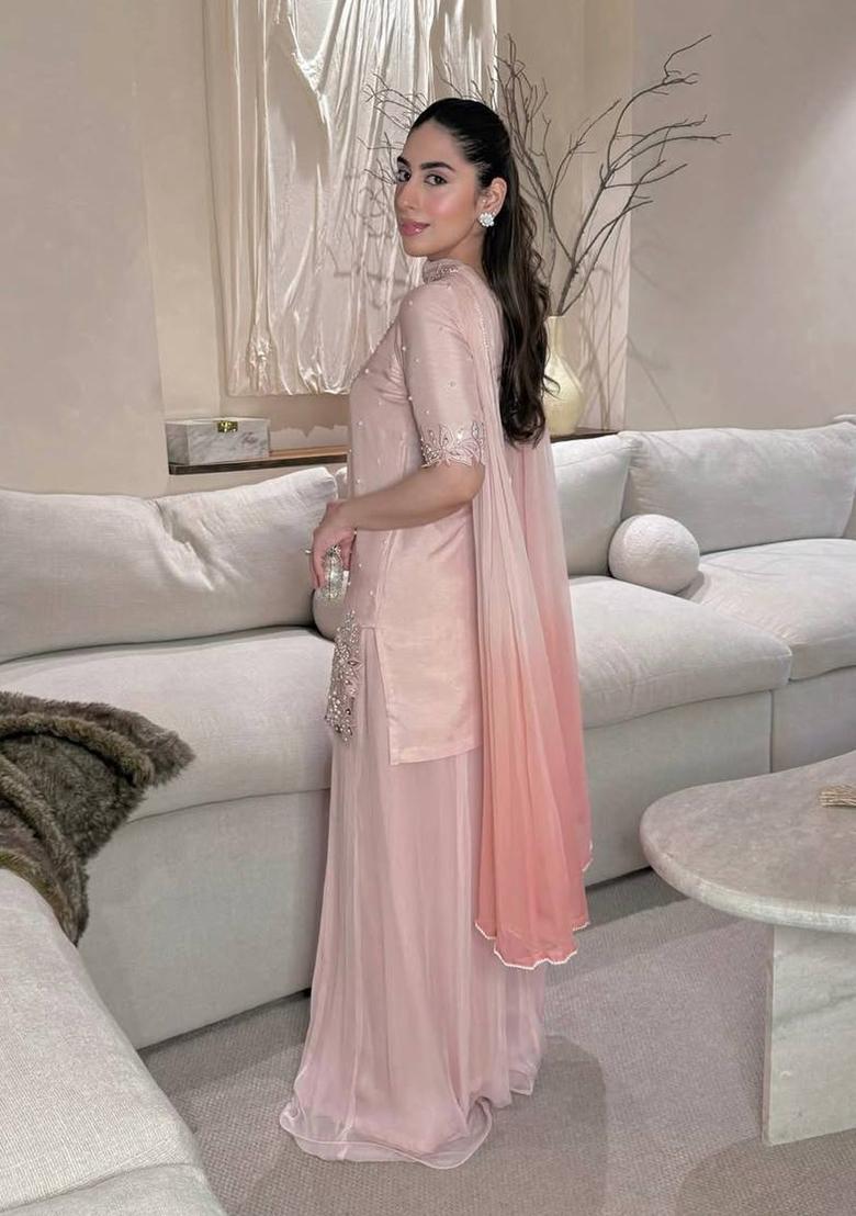 Peach Embroidered Silk Palazzo Set - Indya