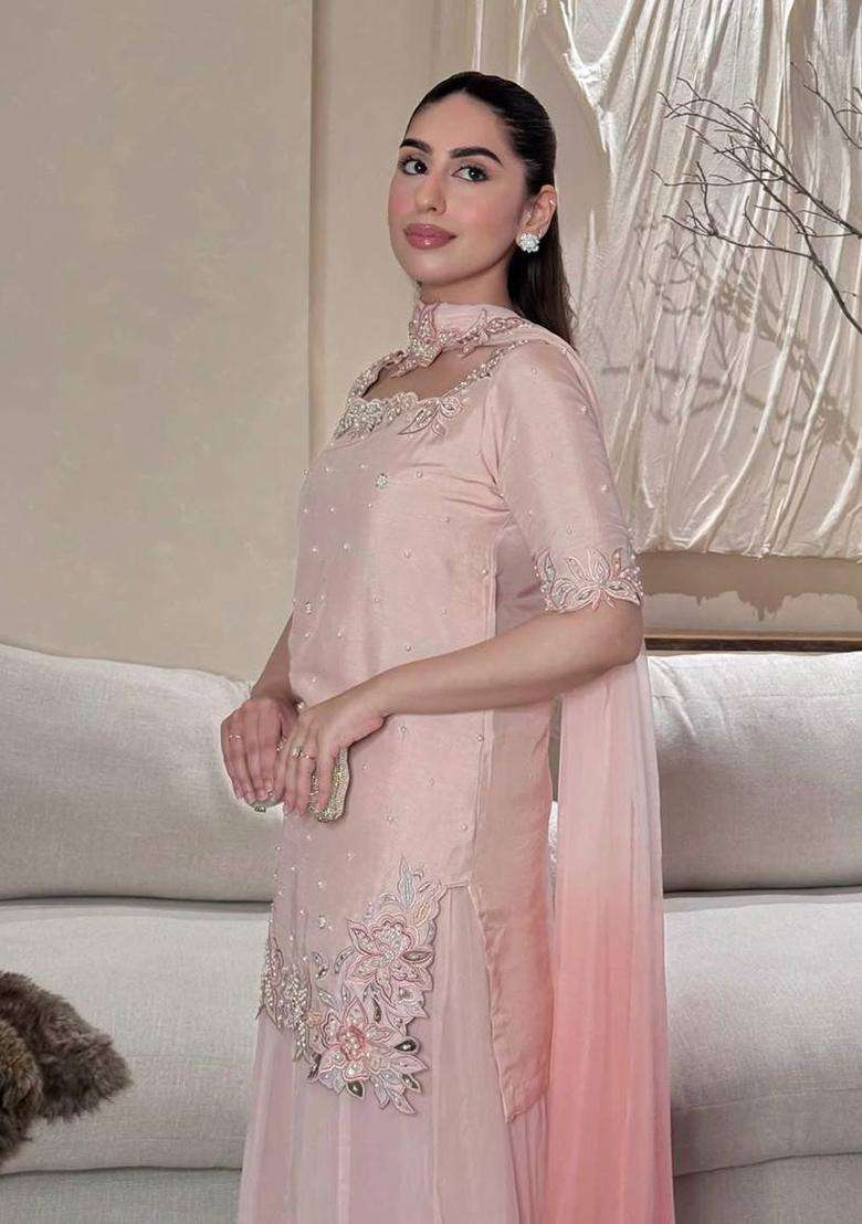 Peach Embroidered Silk Palazzo Set - Indya