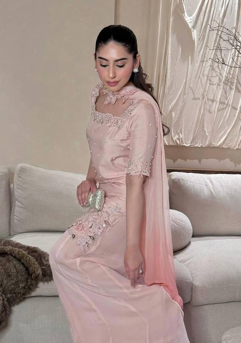 Peach Embroidered Silk Palazzo Set - Indya