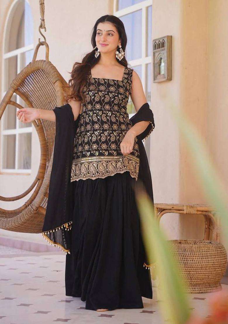 Black Embroidered Georgette Palazzo Set - Indya