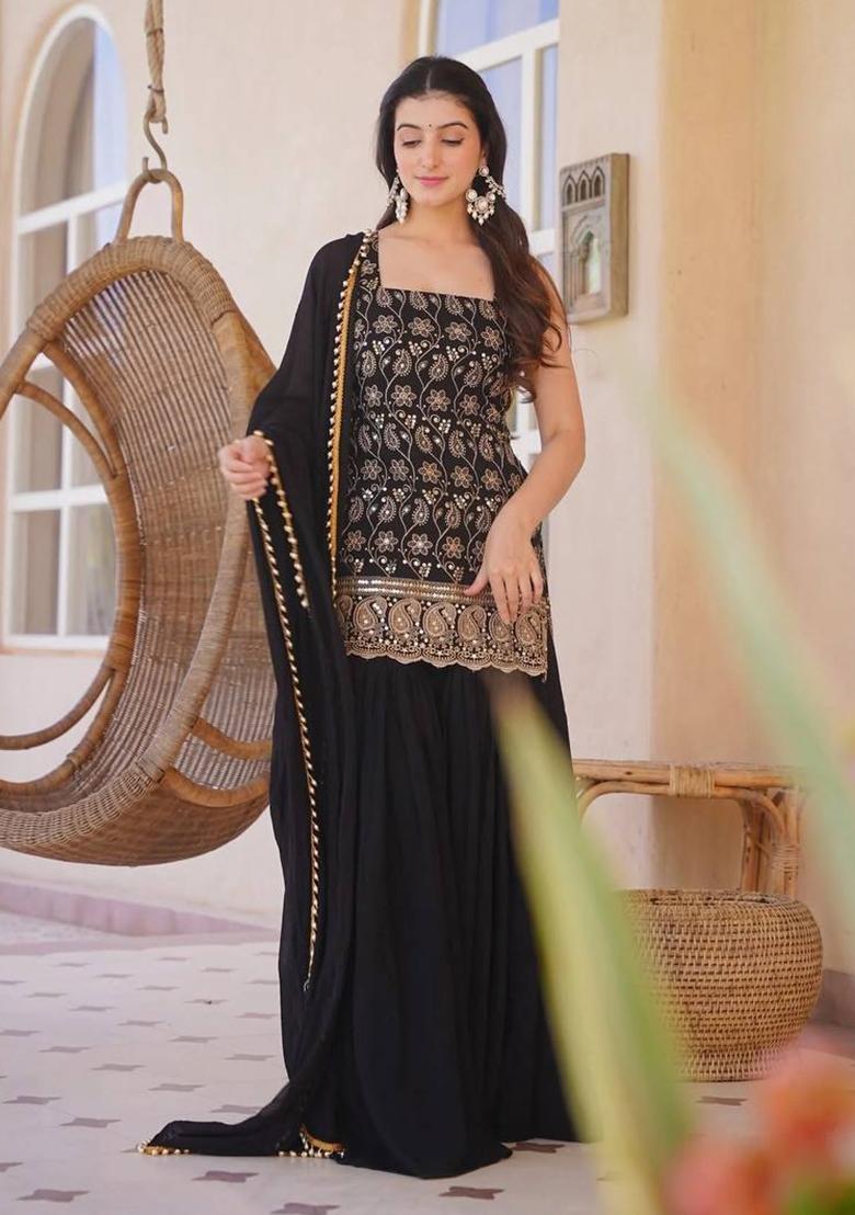 Black Embroidered Georgette Palazzo Set - Indya