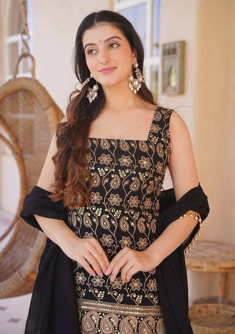 Black Embroidered Georgette Palazzo Set - Indya