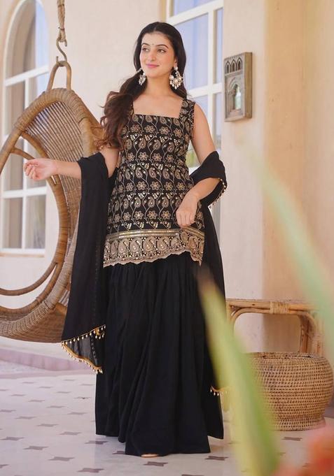Black Embroidered Georgette Palazzo Set