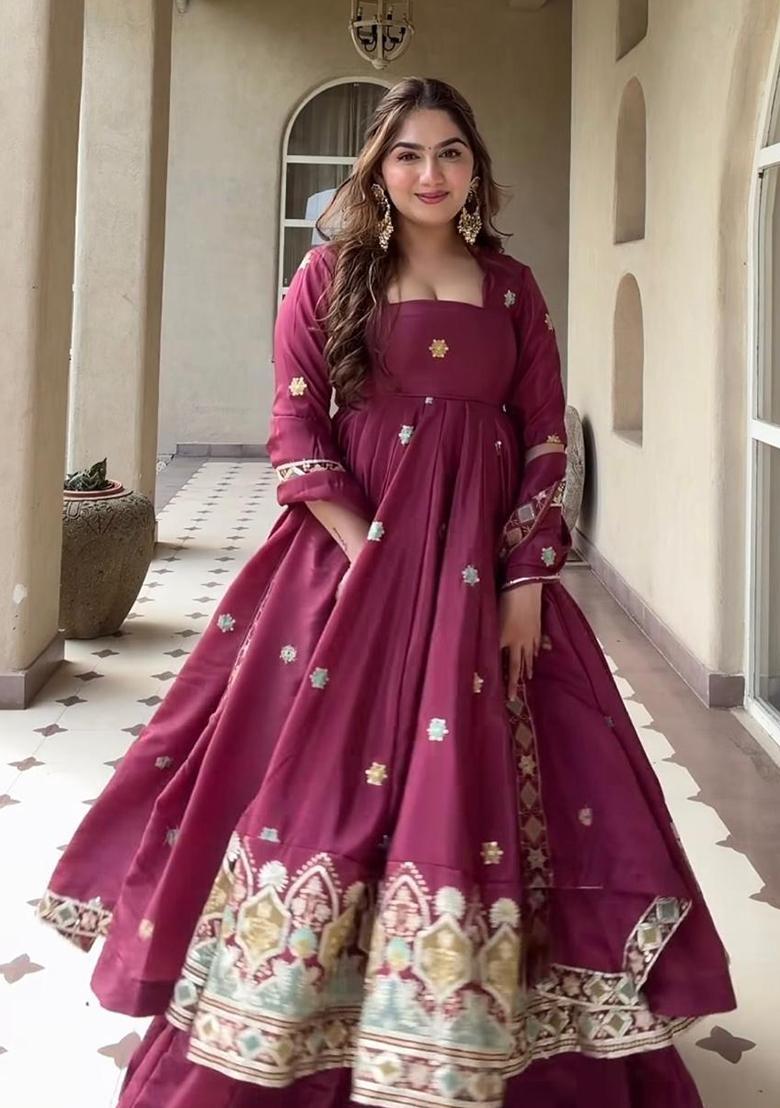 Maroon Embroidered Silk Palazzo Set - Indya