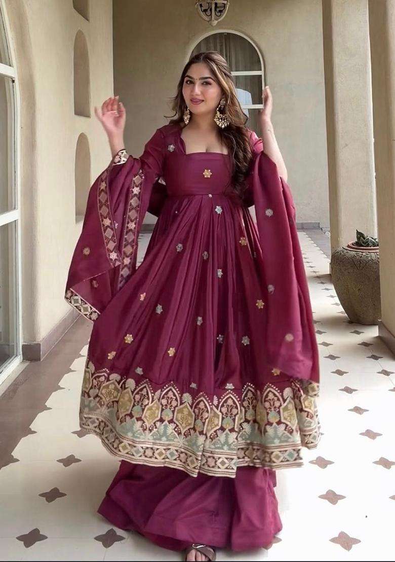 Maroon Embroidered Silk Palazzo Set - Indya