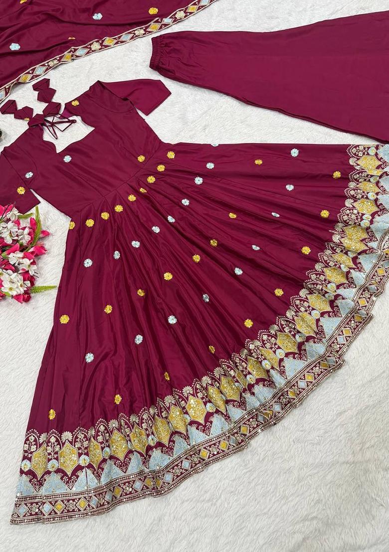 Maroon Embroidered Silk Palazzo Set - Indya