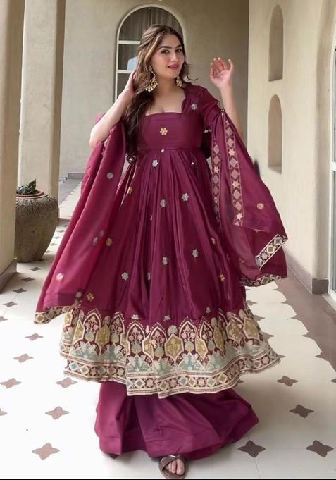 Maroon Embroidered Silk Palazzo Set