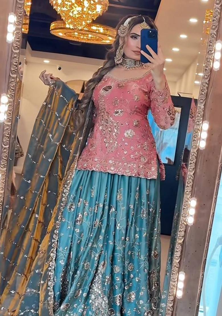 Peach Embroidered Silk Palazzo Set - Indya