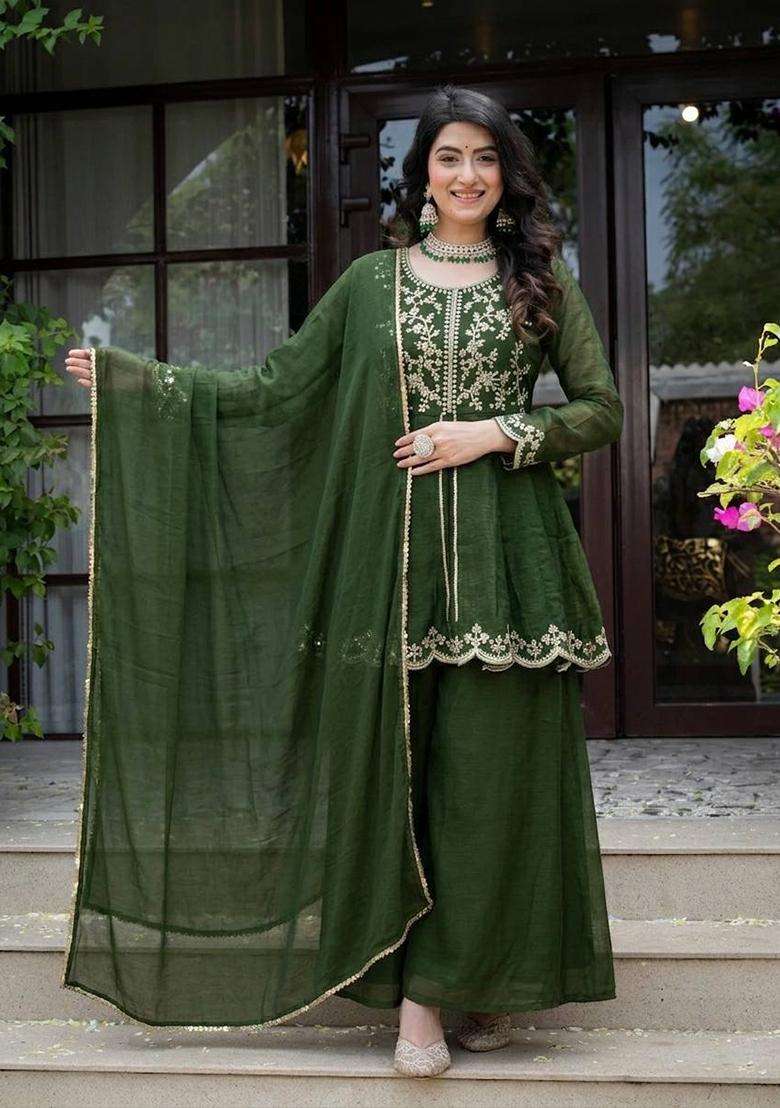 Green Embroidered Silk Palazzo Set - Indya