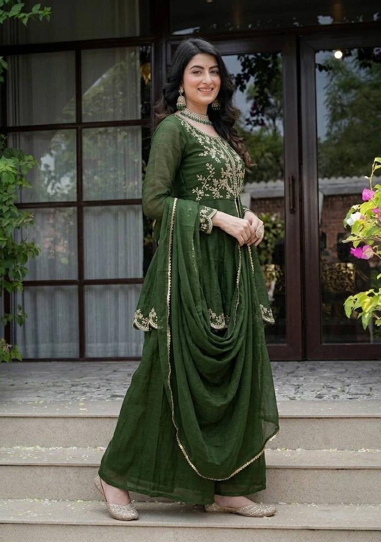 Green Embroidered Silk Palazzo Set - Indya