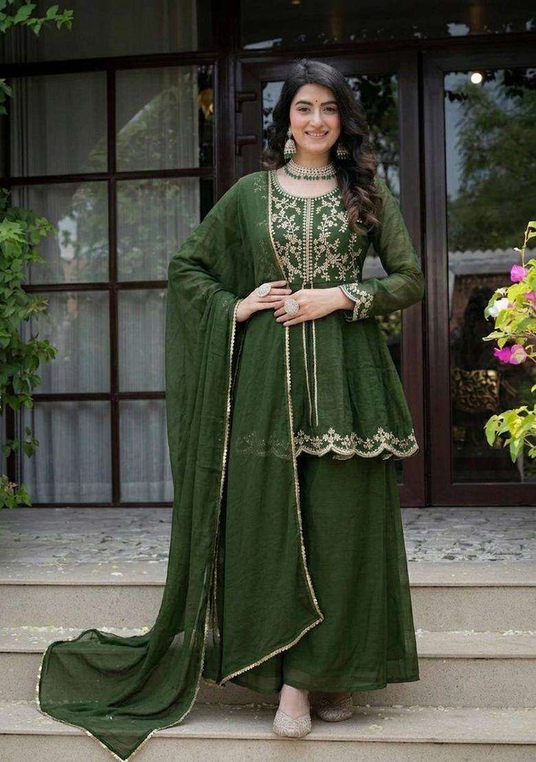 Green Embroidered Silk Palazzo Set - Indya