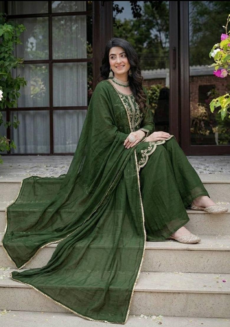 Green Embroidered Silk Palazzo Set - Indya