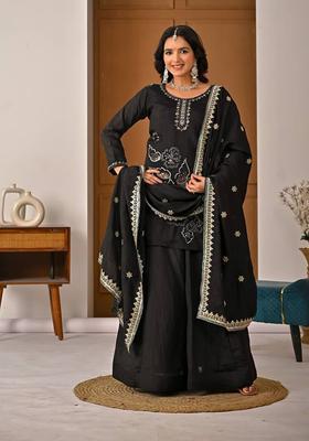 Black Embroidered Silk Palazzo Set