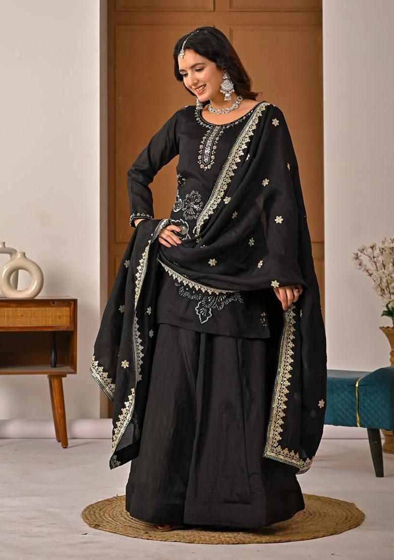Black Embroidered Silk Palazzo Set - Indya