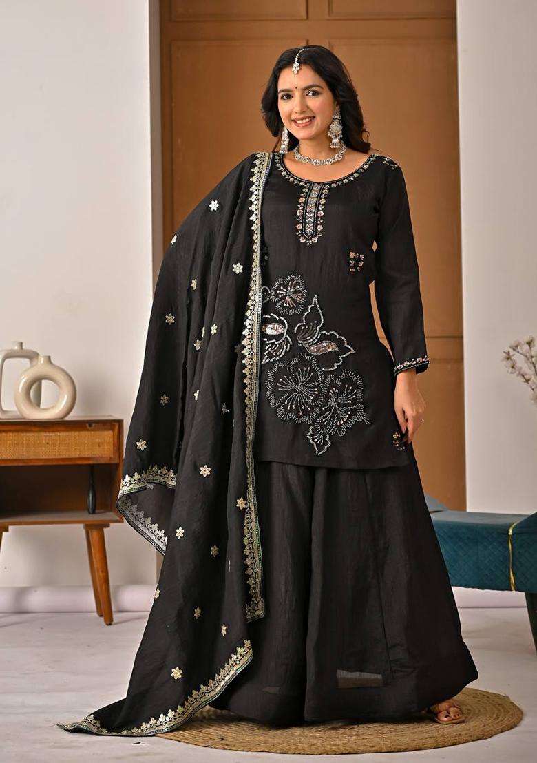 Black Embroidered Silk Palazzo Set - Indya