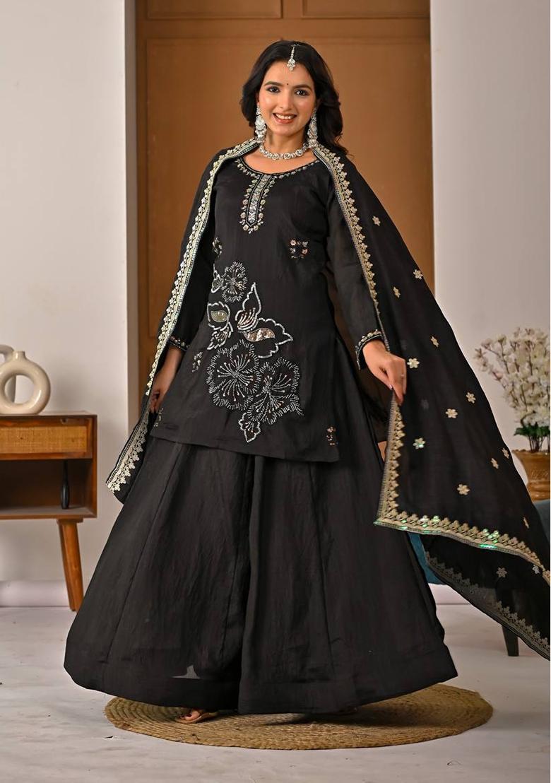 Black Embroidered Silk Palazzo Set - Indya