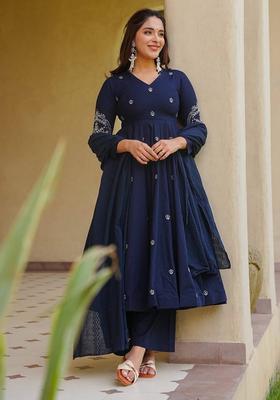 Navy Blue Embroidered Silk Anarkali Set