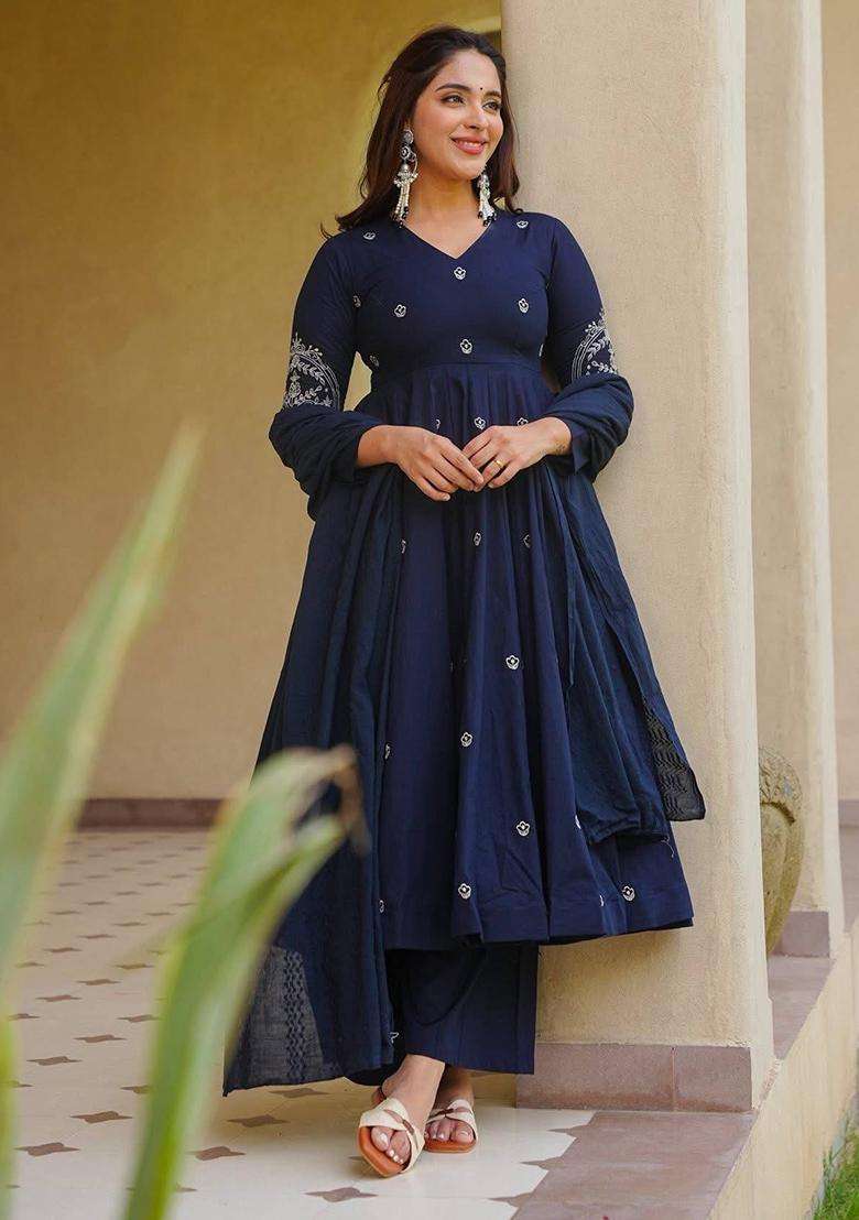 Navy Blue Embroidered Silk Anarkali Set - Indya