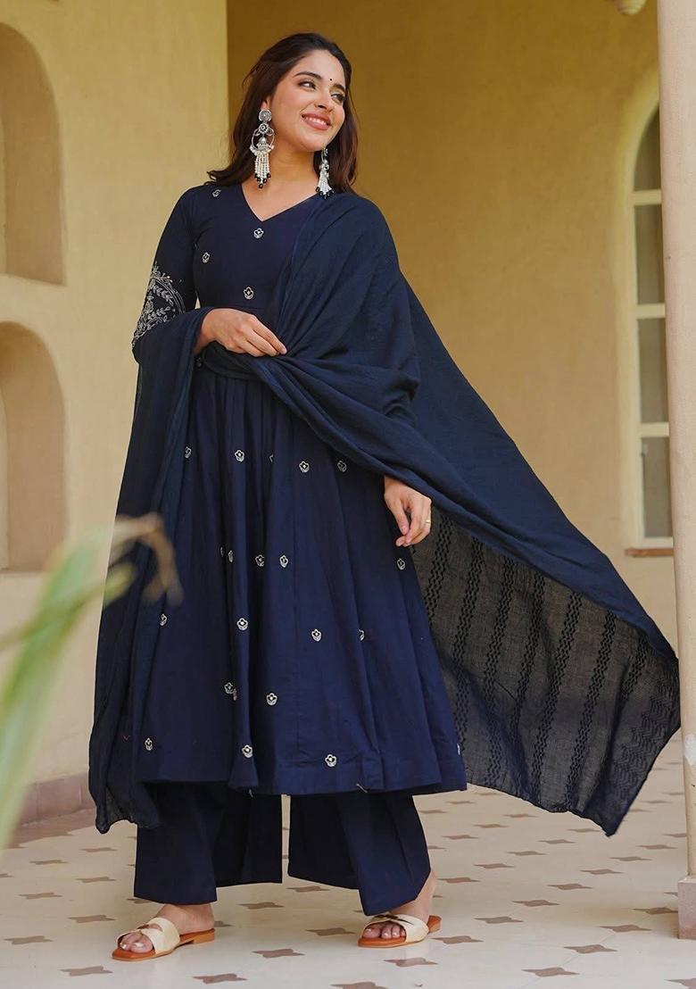 Navy Blue Embroidered Silk Anarkali Set - Indya
