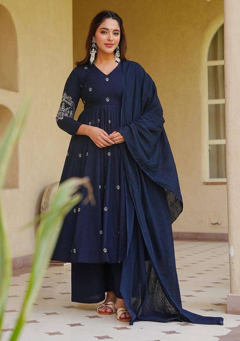 Navy Blue Embroidered Silk Anarkali Set - Indya
