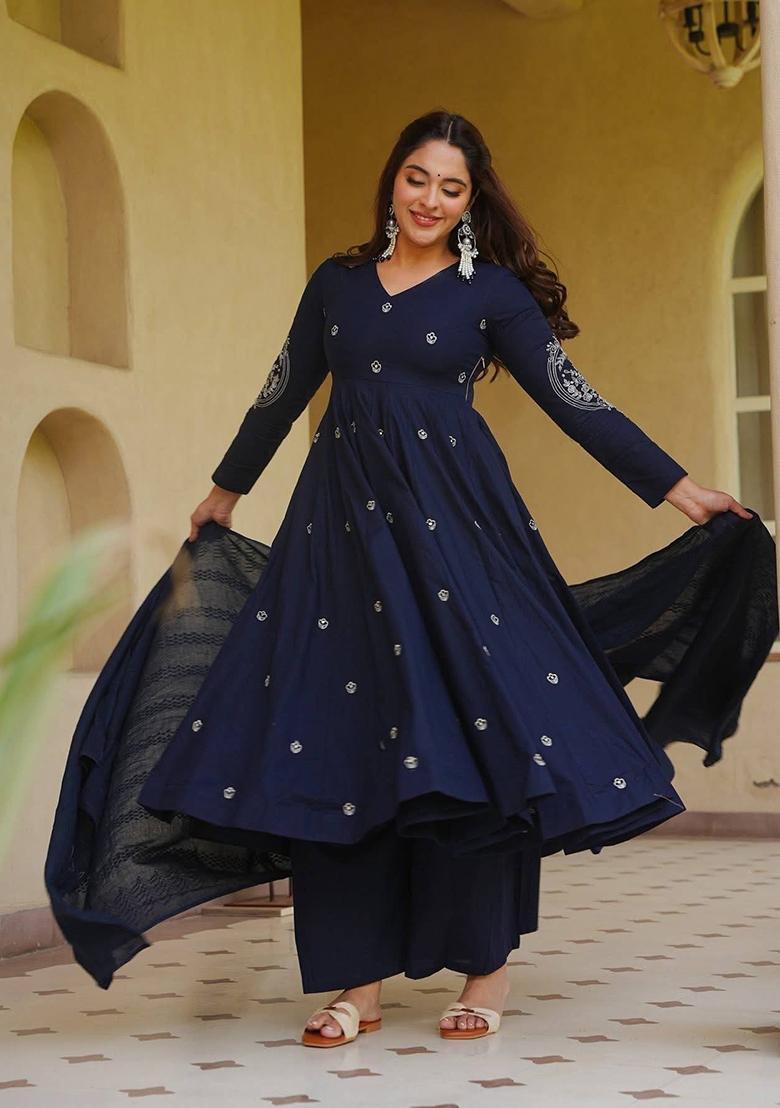 Navy Blue Embroidered Silk Anarkali Set - Indya