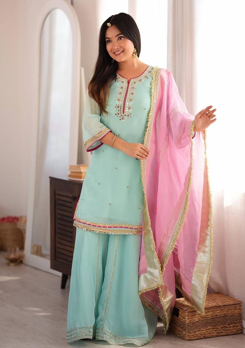 Mint Embroidered Organza Palazzo Set - Indya