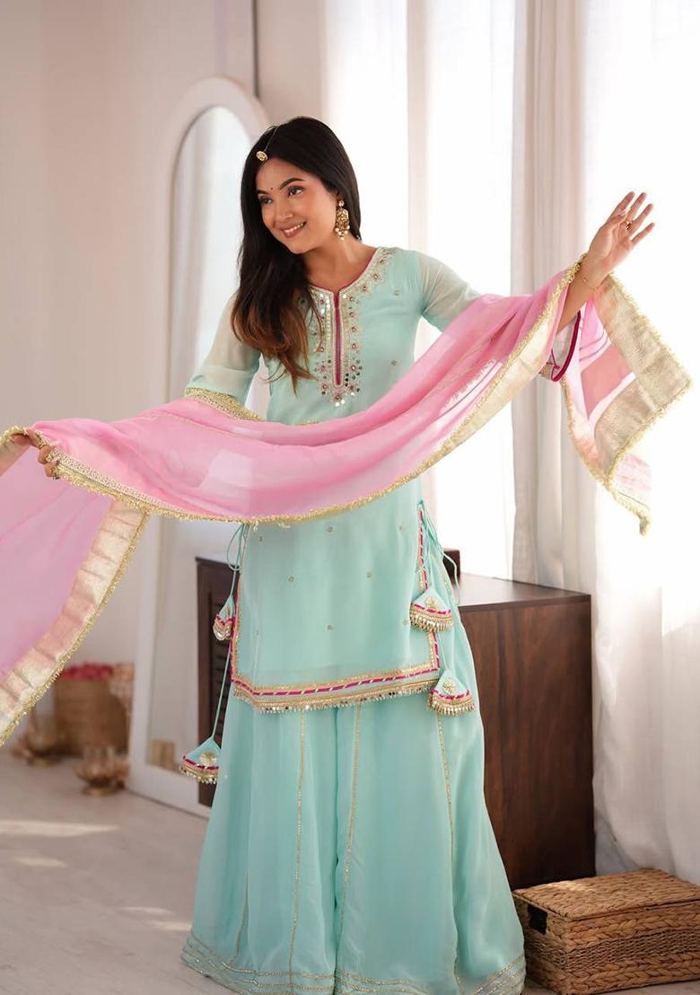 Mint Embroidered Organza Palazzo Set - Indya