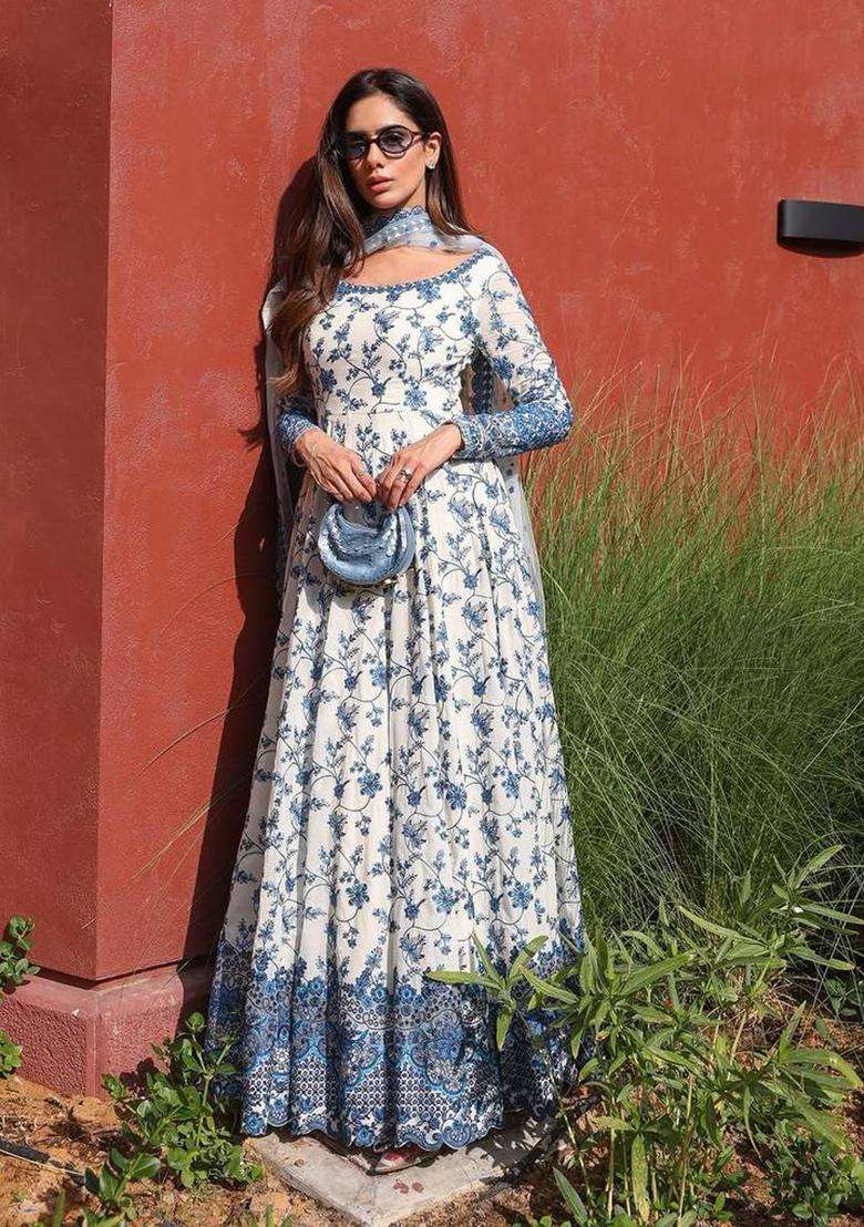 White Embroidered Georgette Anarkali Set - Indya