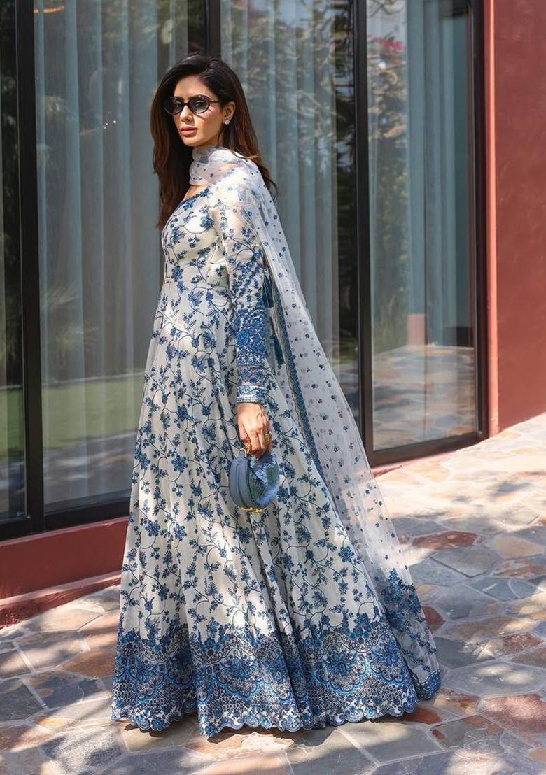 White Embroidered Georgette Anarkali Set - Indya