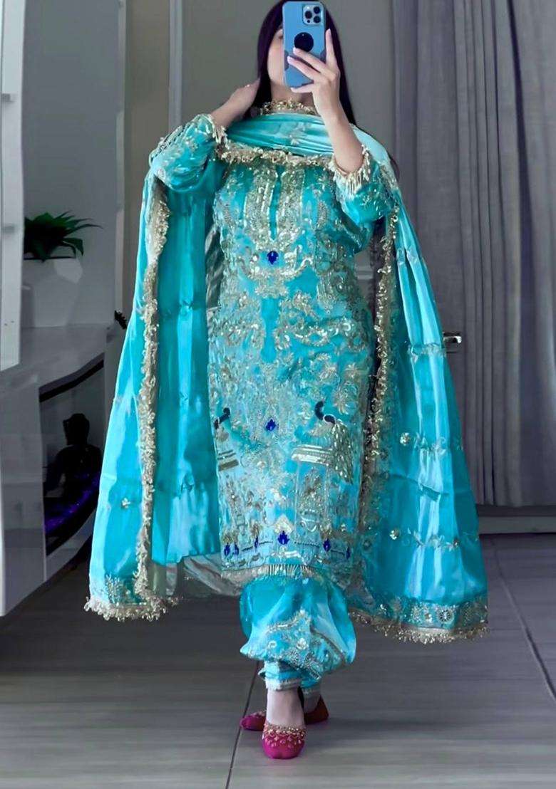 Sky Blue Embroidered Silk Palazzo Set - Indya