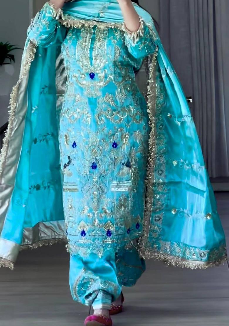 Sky Blue Embroidered Silk Palazzo Set - Indya
