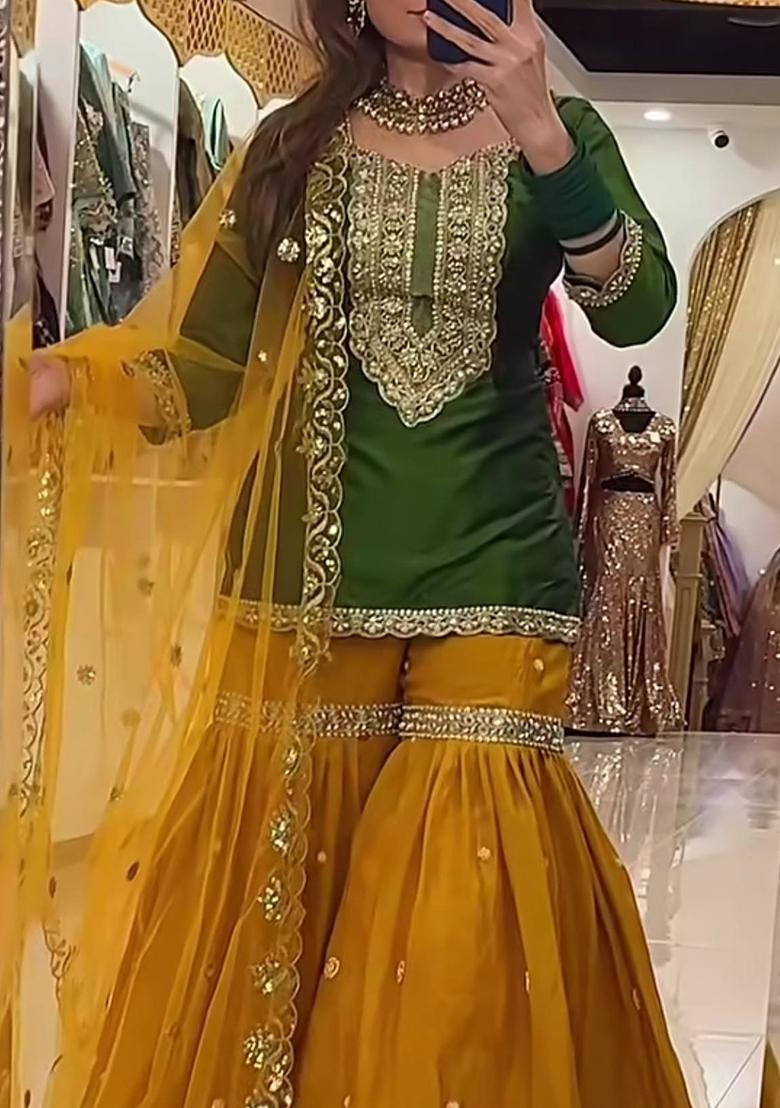 Green Embroidered Georgette Palazzo Set - Indya
