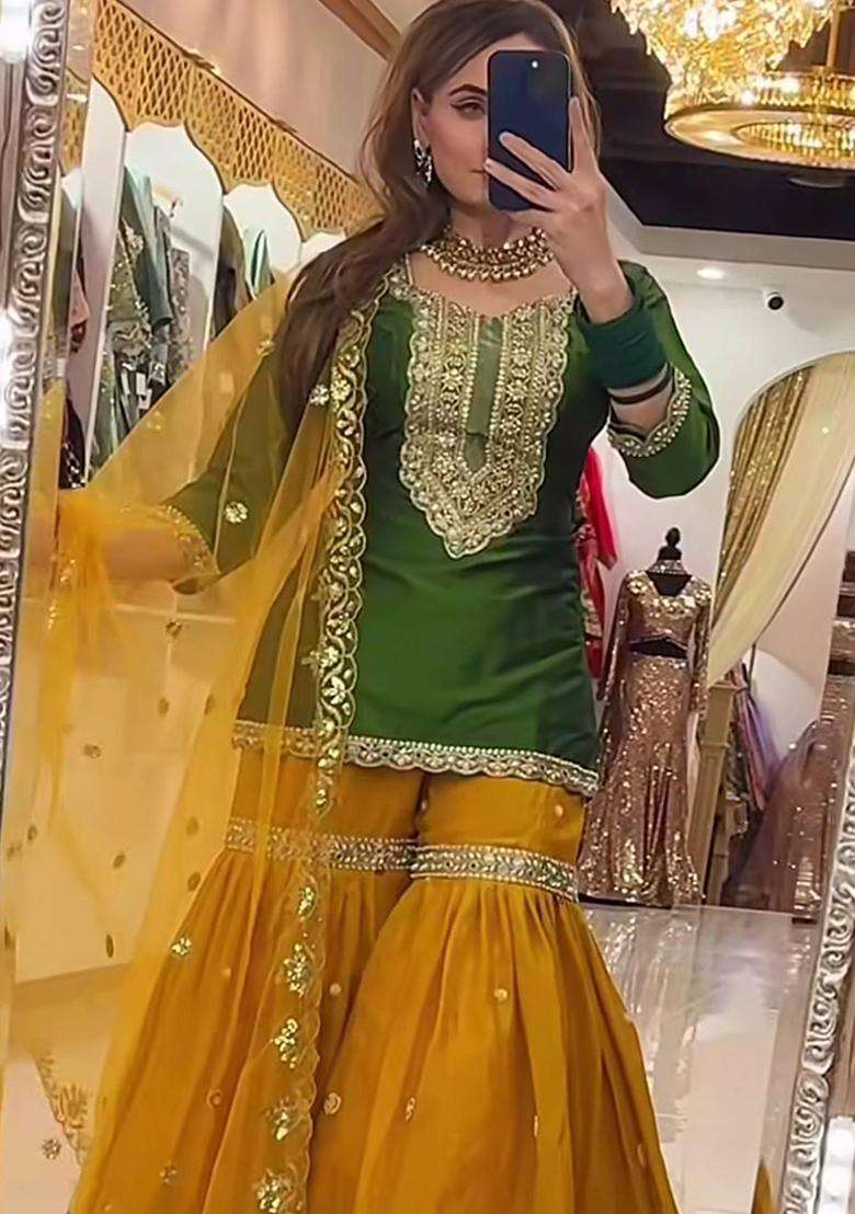 Green Embroidered Georgette Palazzo Set - Indya