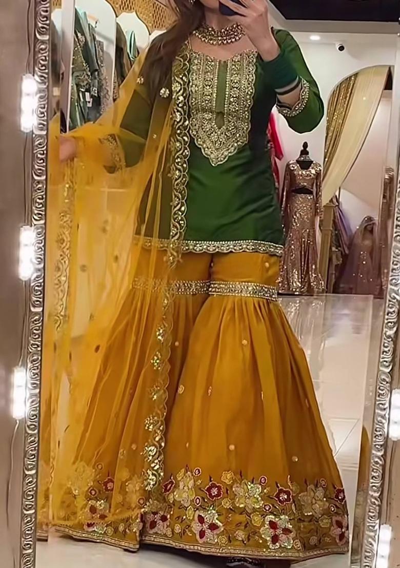 Green Embroidered Georgette Palazzo Set - Indya