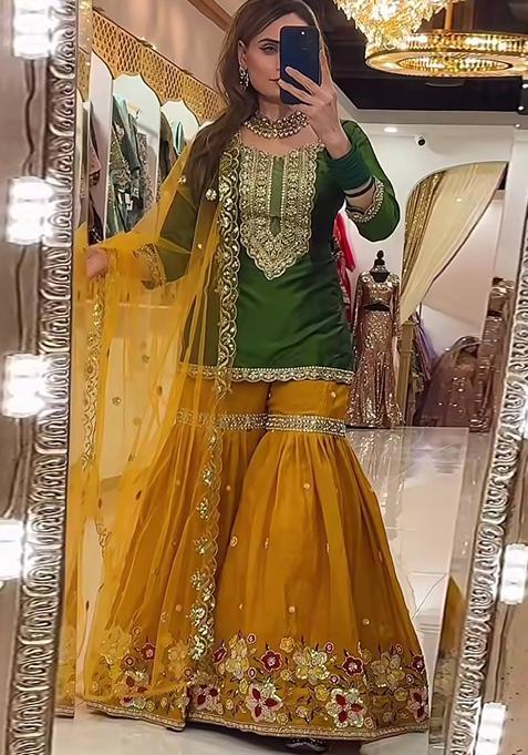Green Embroidered Georgette Palazzo Set