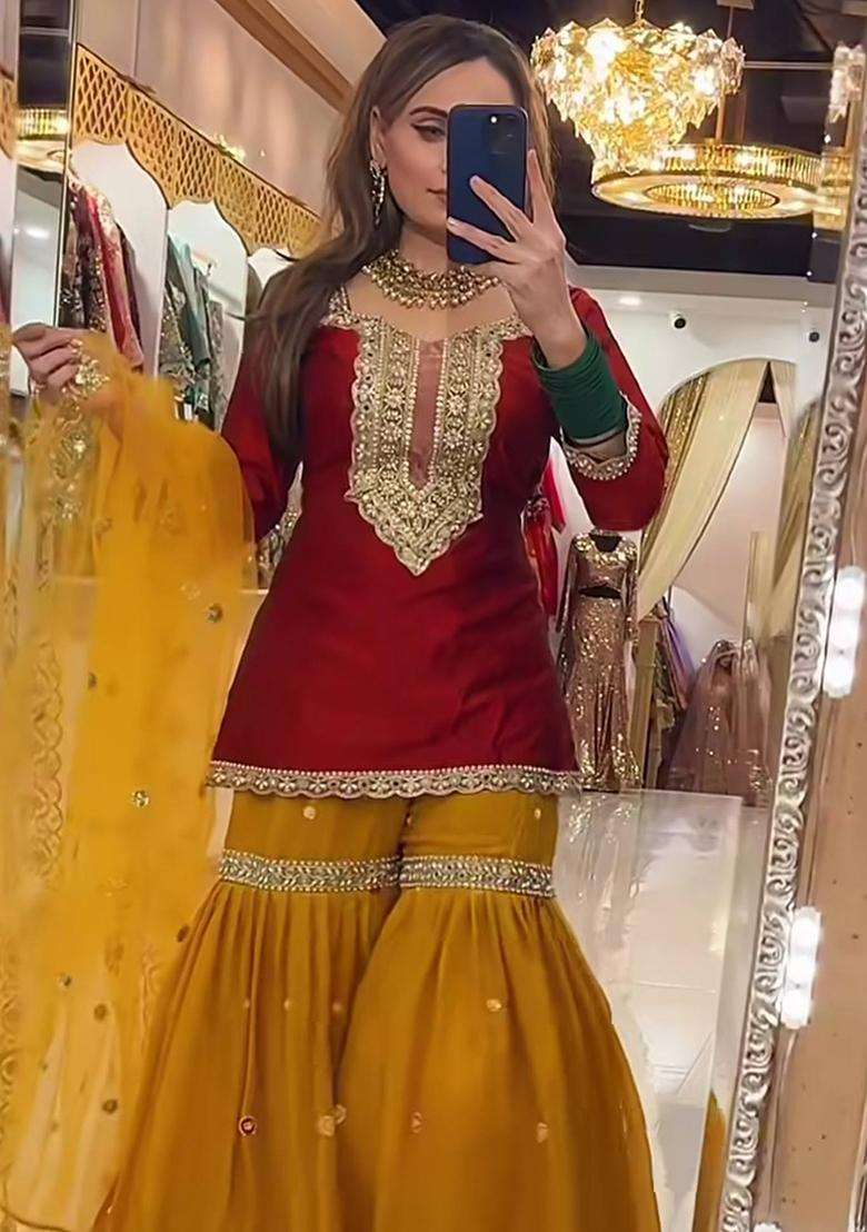 Maroon Embroidered Georgette Palazzo Set - Indya
